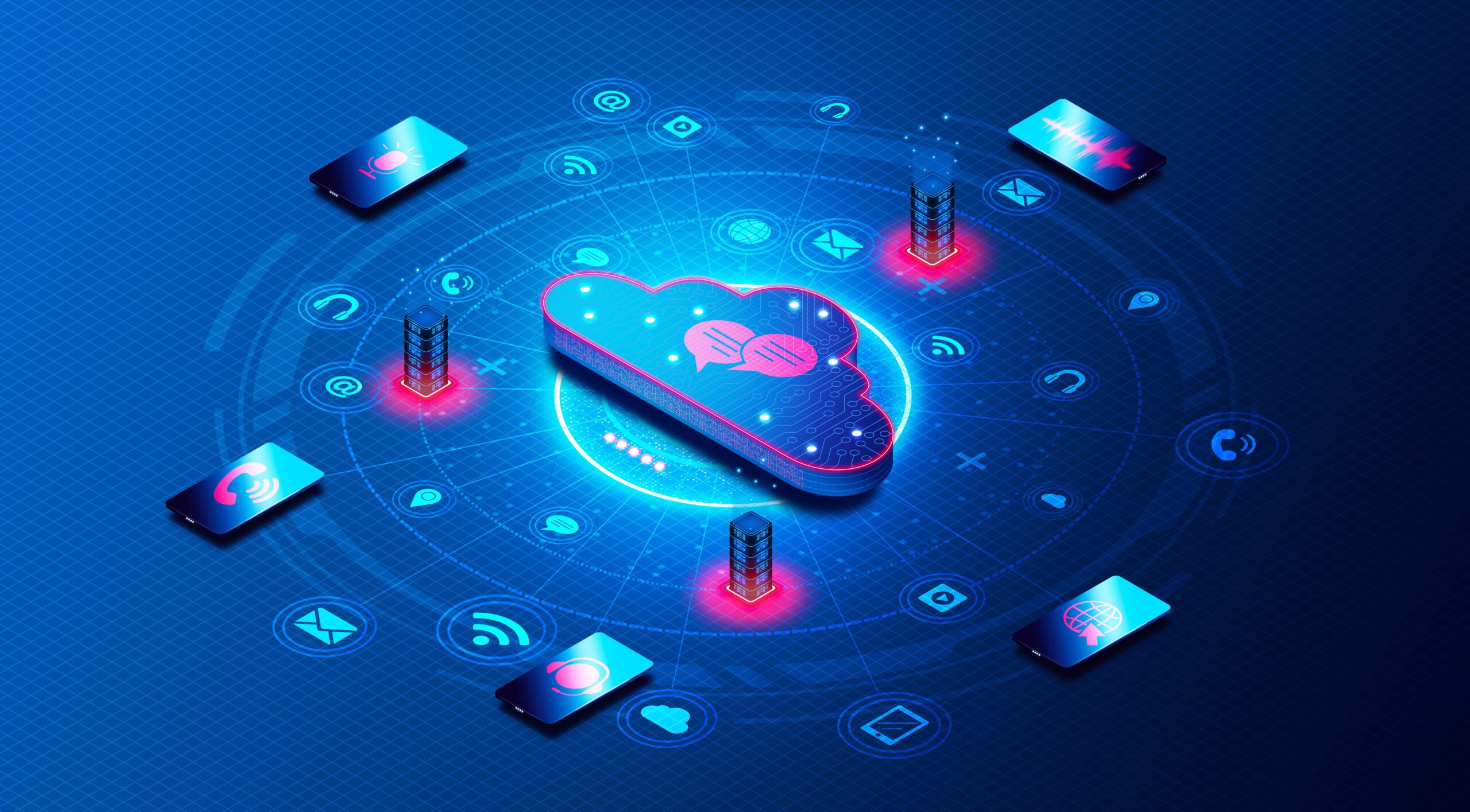 Cloud computing concept depicted in an isometric vector illustration with network connections.