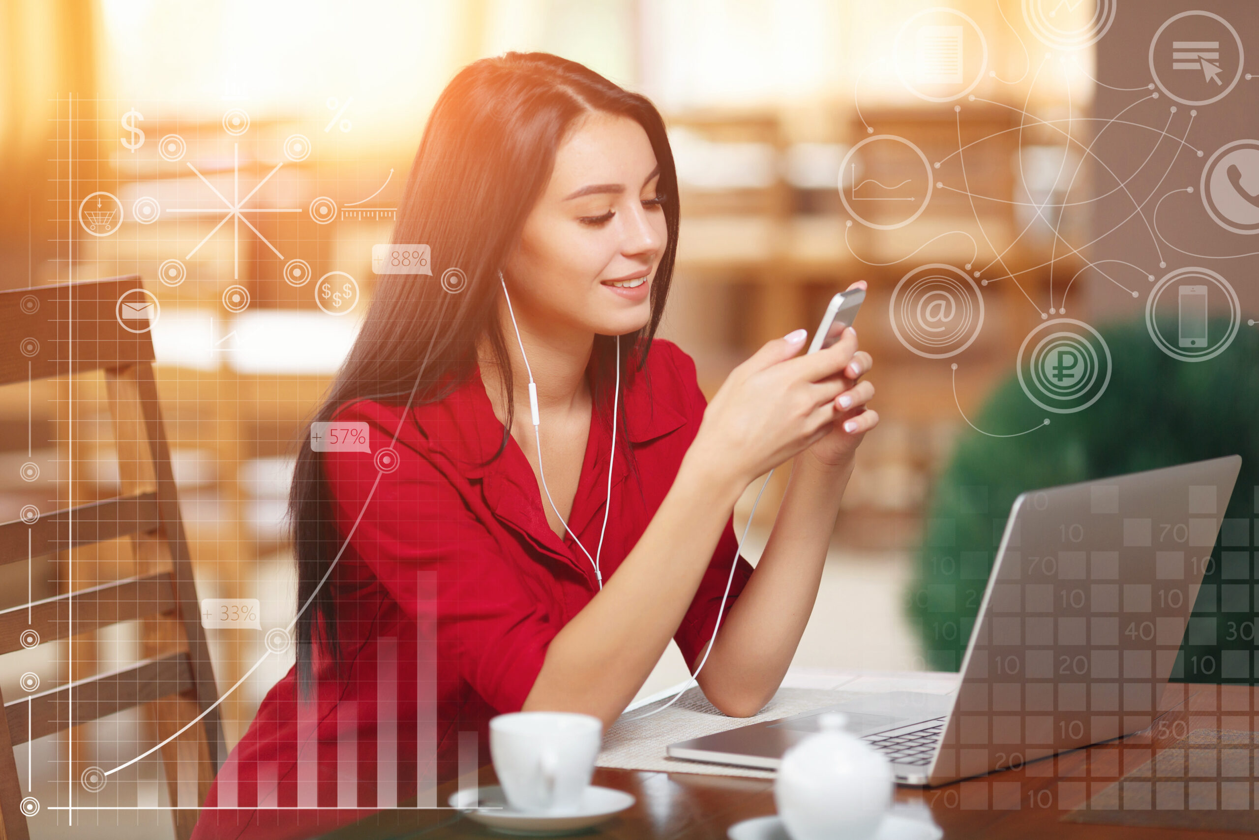 Professional woman using UCaaS tools on mobile device with digital interface overlay