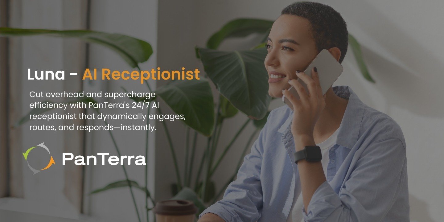 AI receptionist named Luna, depicted in a modern office setting, showcasing advanced technology and user-friendly interface.