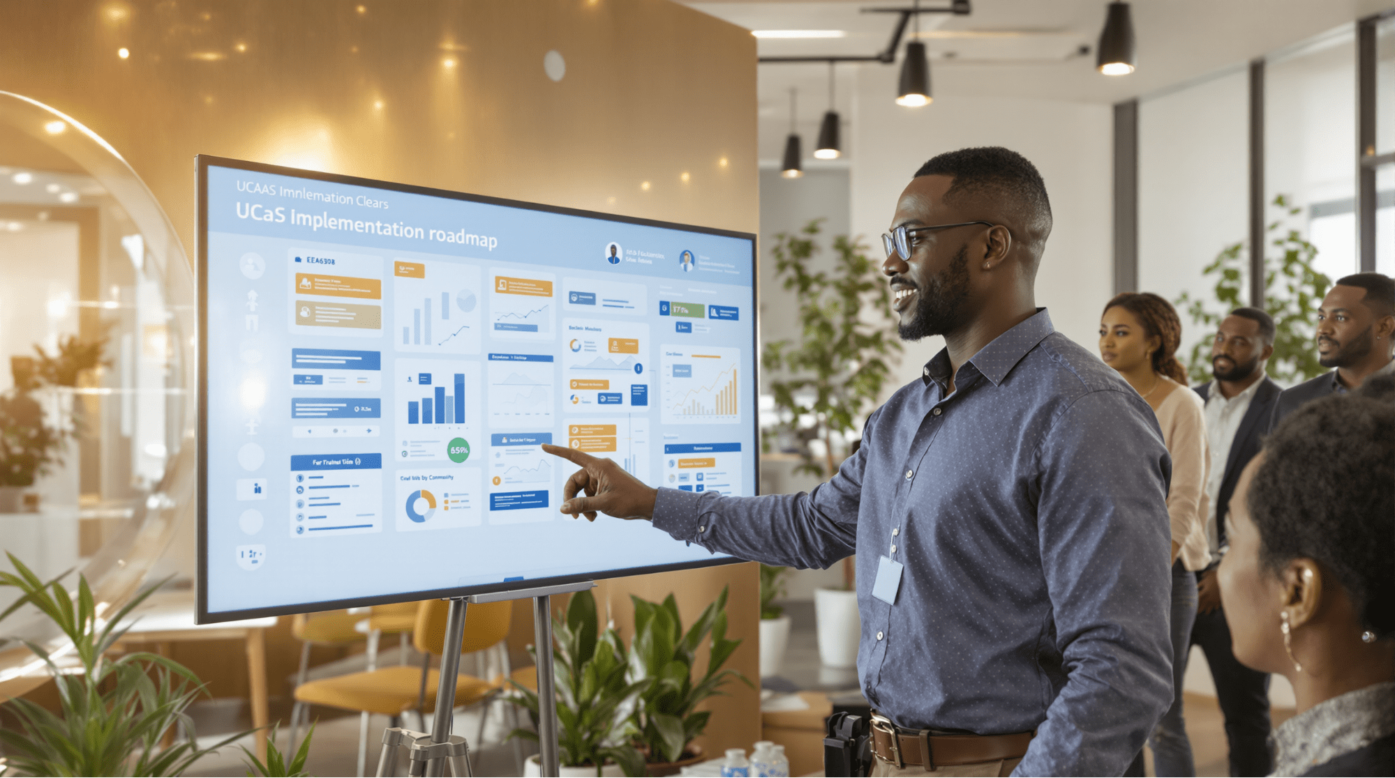 Business leader presents UCaaS performance metrics on a large dashboard to a corporate team in a modern boardroom