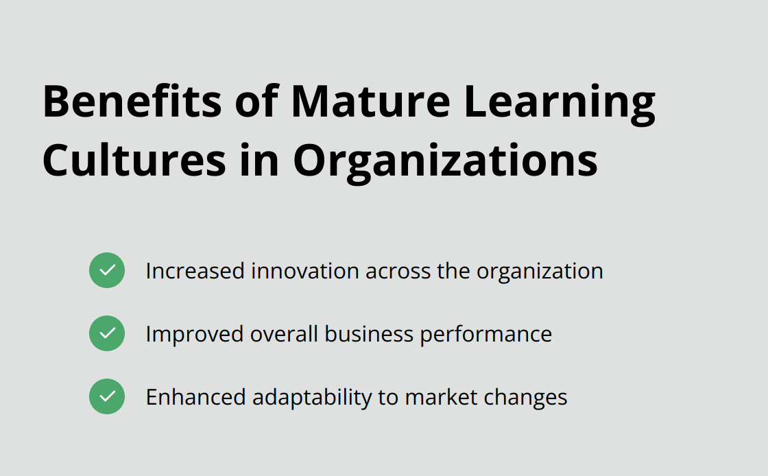 Checkmark list chart showing three benefits of mature learning cultures: increased innovation, improved performance, and enhanced adaptability.