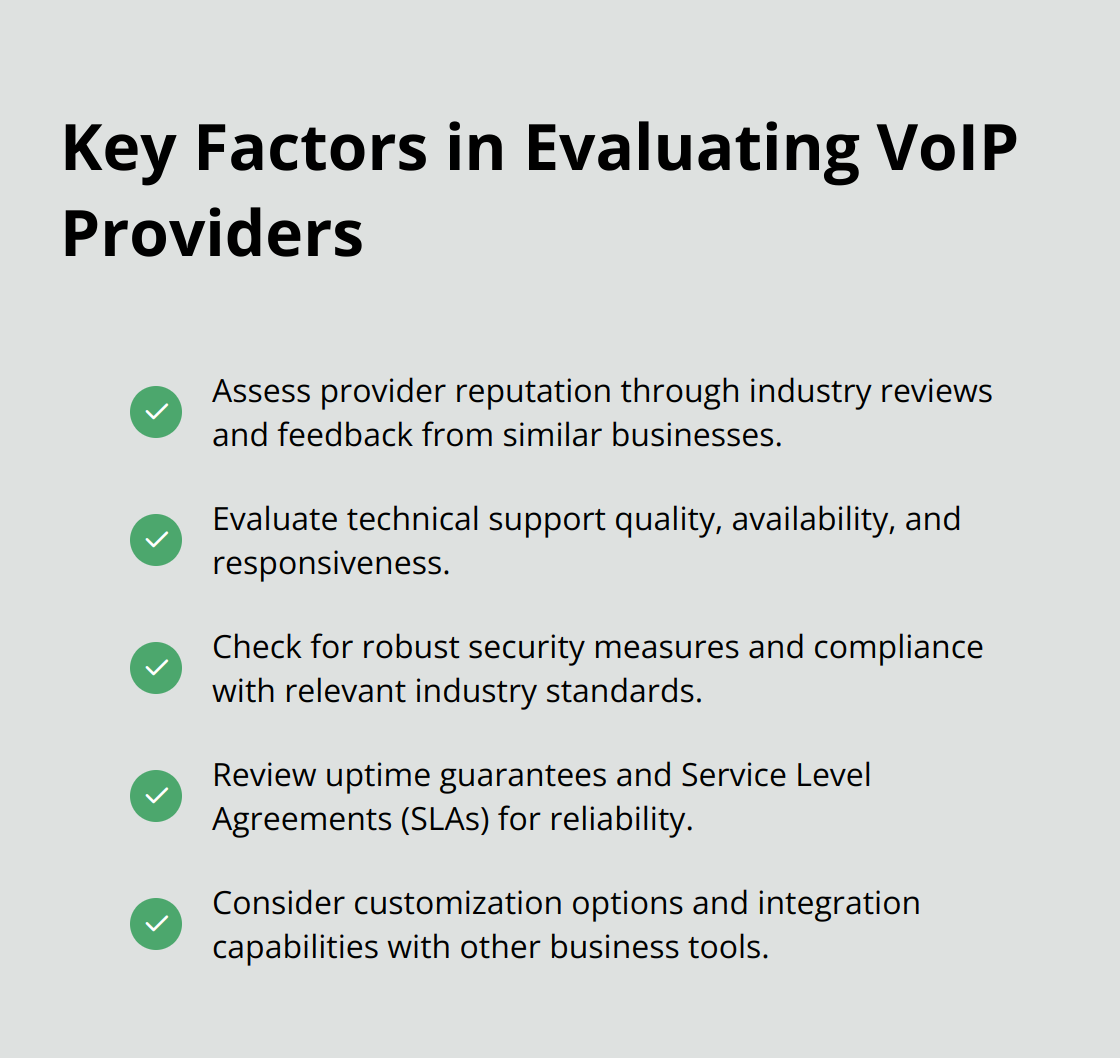 Checkmark list of five important factors to consider when evaluating VoIP providers: reputation, technical support, security and compliance, uptime guarantees, and customization options - compare voip phone services
