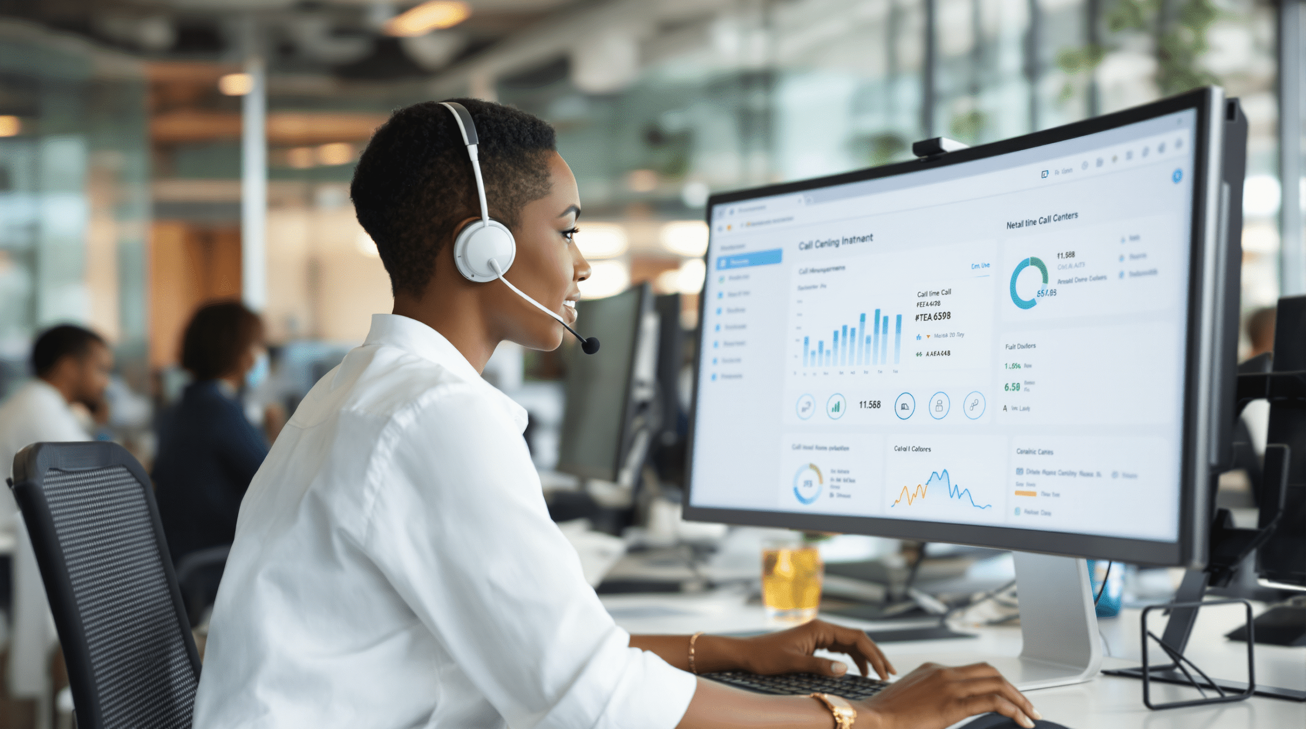 Customer support agent using AI-powered UCaaS dashboard to monitor real-time call center analytics in a modern office.